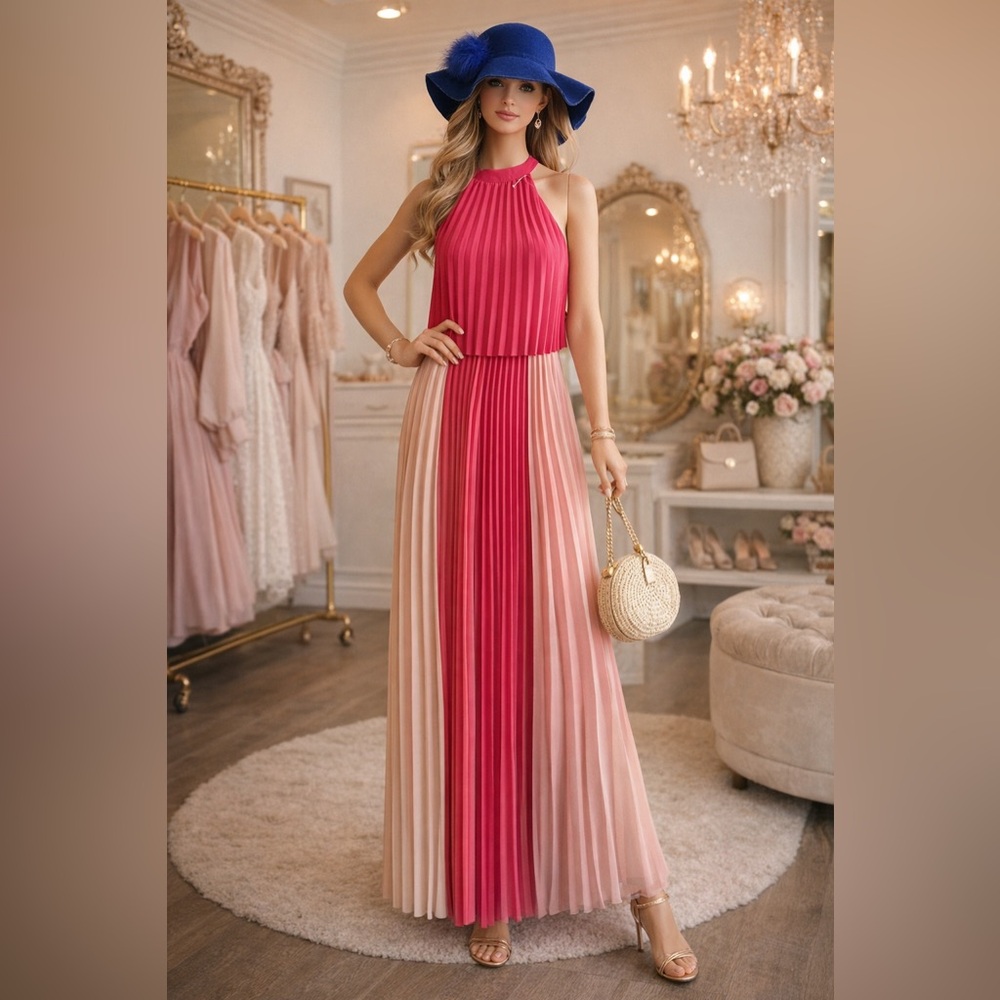 Skies Are Blue Pleated Maxi Dress Pink Ombre Halter XS